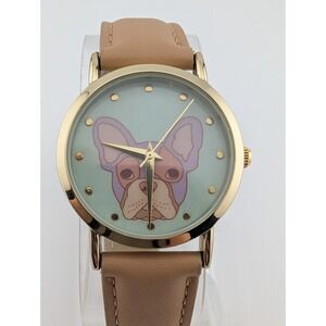 Accutime French Bulldog Women's Watch Beige Faux Leather Band- New Battery